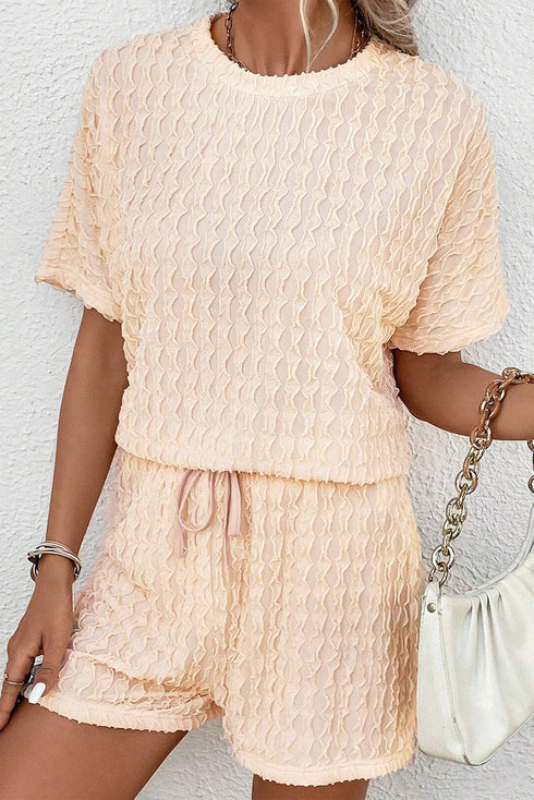 Frill Textured Short Sleeve Top and Drawstring Shorts Set